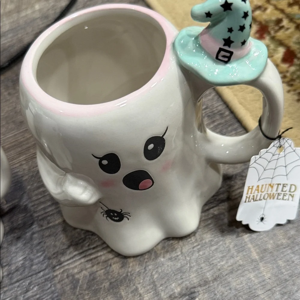 2 Ghost Shaped Mugs with Witch Hat Handles